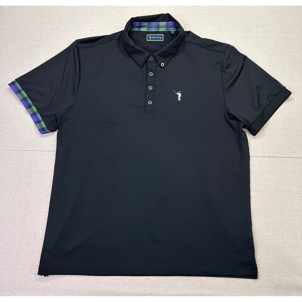 William Murray Golf Mens XL Black Polo Shirt Plaid Trim Short Sleeve Stretch
